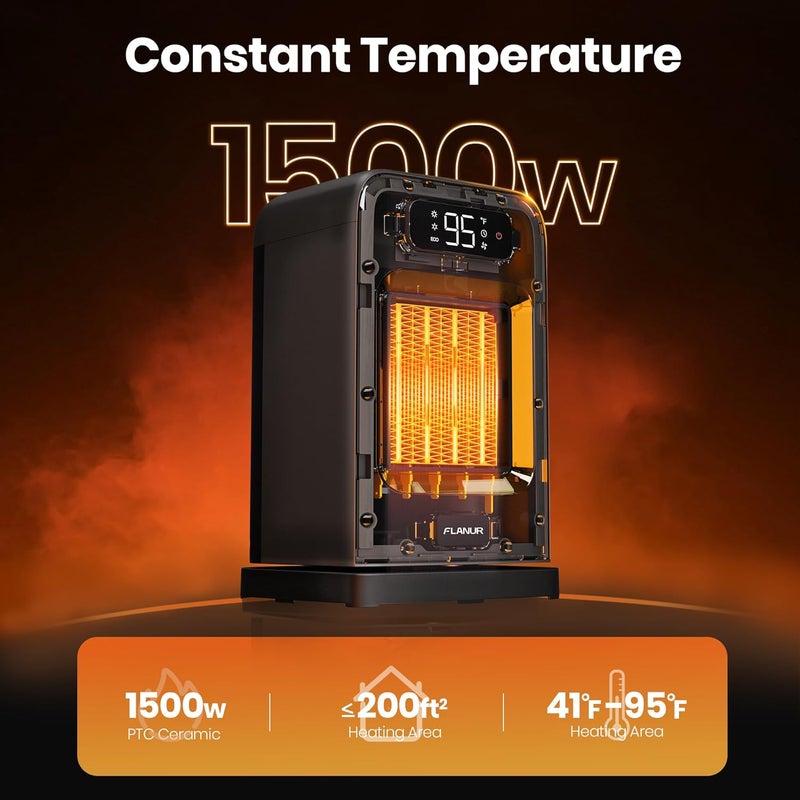 FLANUR Space Heaters for Indoor Use, 1500W Small Desk Heater 2 in 1 with Remote, Thermostat, LED Display, Overheat & Tip Over Protection, 12H Timer, 70° Oscillating Heater for Office (Black, 1Pack) - Image 2